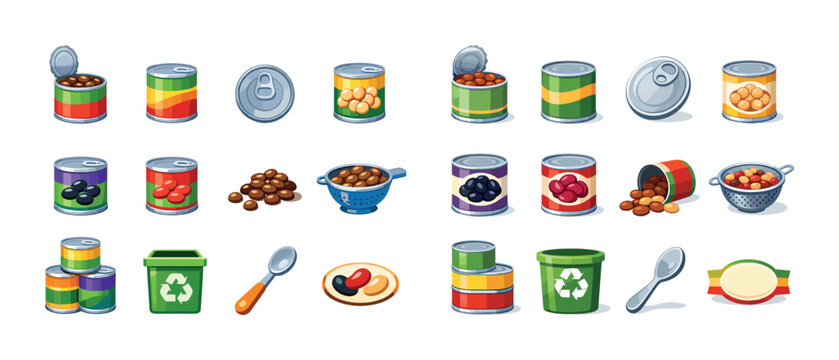 Variety of canned foods and beans with kitchen utensils on white background