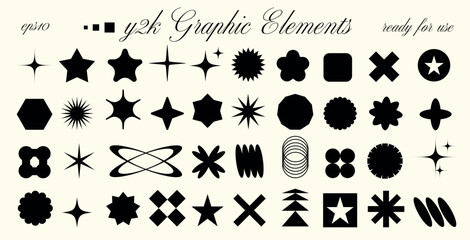 Minimalist abstract futuristic geometric collection featuring bold symbols, stars, and organic silhouettes. y2k aesthetic with contemporary techno groovy branding and decoration concept