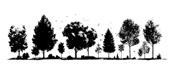 Vector set of hand drawn of silhouettes of trees white background.