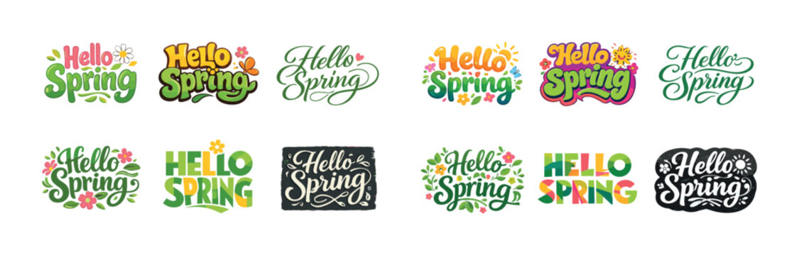 Colorful hello spring lettering designs with floral elements