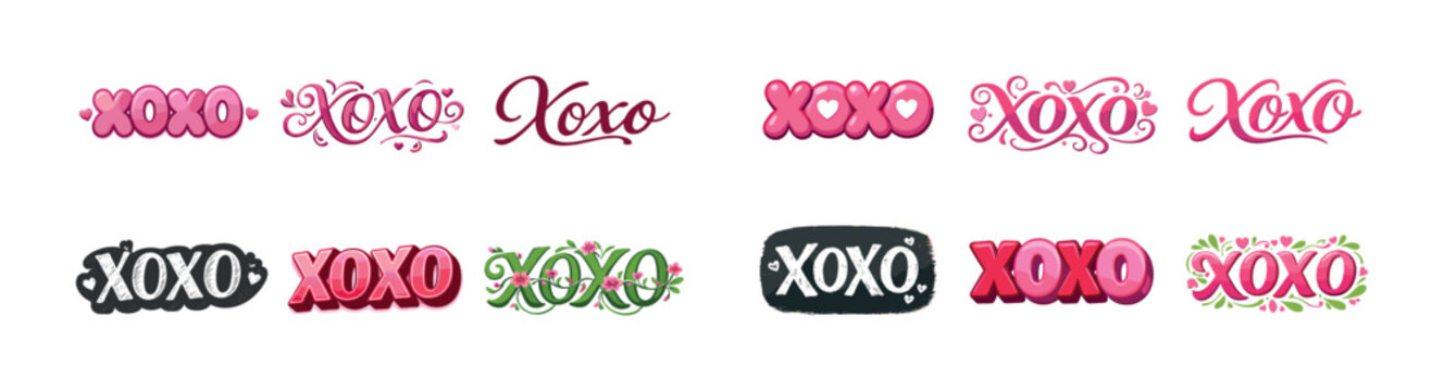 Pink and red xoxo typography designs in various styles and patterns