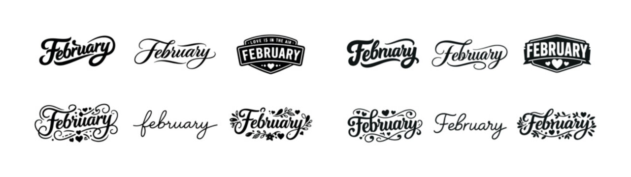 Stylish february typography designs in various artistic styles