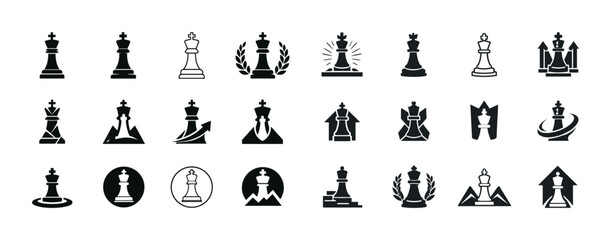 Obraz premium Black and white chess graphic icons set representing various chess pieces and themes