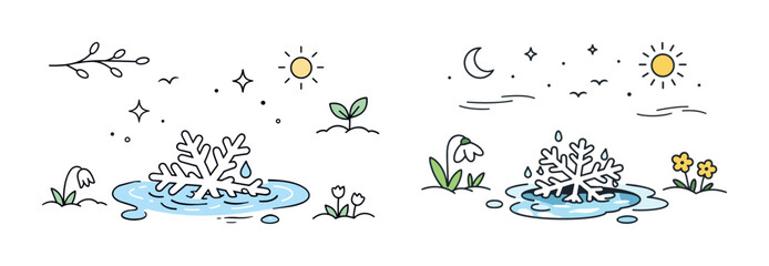 Seasonal transition: winter to spring landscape with snowflakes and blossoms