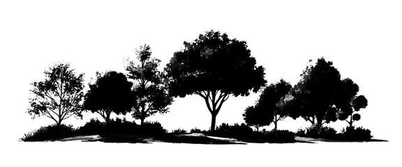 Vector set of sketch style of silhouettes of trees white background.