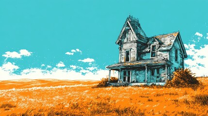 Abandoned house in field with bright sky and graphic color contrast