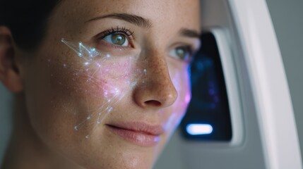Medium shot of a skin scanner device analyzing facial features with digital overlays highlighting skin conditions for a personalized skincare regimen.