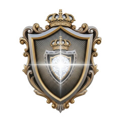 Luxurious royal golden and silver shield with crown and sparkling diamond, elegant baroque style emblem isolated on transparent background