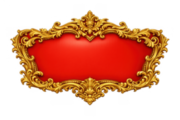 Ornate gold baroque rococo frame with scrolls and red velvet insert, elegant vintage luxury royal design on transparent background