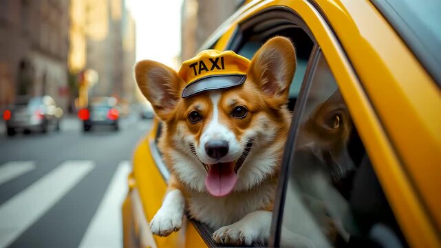 Cute corgi dog wearing yellow taxi driver hat leaning out window of bright yellow New York cab smiling happily on busy urban street city background