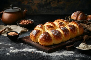 Freshly baked braided bread loaf dusted with flour on wooden board, rustic kitchen still life