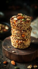 Stack of healthy vegan quinoa muffins topped with almonds and seeds on wooden board