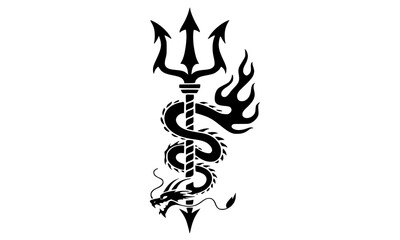 Obraz premium Trident with serpent and flame silhouette illustration, powerful Shiva trishul symbol vector art, Hindu mythology spiritual emblem, black and white sacred icon