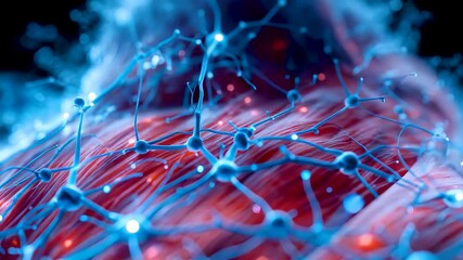 Glowing blue neural network web enveloping red organic brain sphere with intricate connecting nodes and energy pulses in dark cosmic space abstract neuroscience visualization - Powered by Adobe