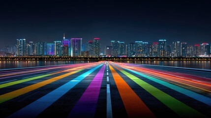 Colorful illuminated road leading towards cityscape at night with lights