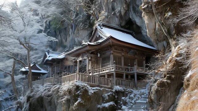 雪に包まれた山寺と冬の森、厳かな静けさ