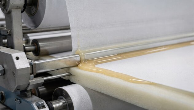 Medium shot capturing hotmelt lamination as molten adhesive bonds fabric to foam layers emphasizing continuous rolltoroll manufacturing efficiency and material integration.