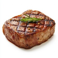 Grilled beef steak seasoned with rosemary and peppercorns isolated on white background