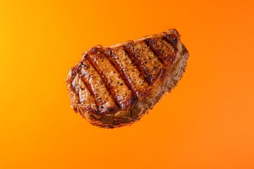 Grilled beef steak floating in the air on a vibrant orange background