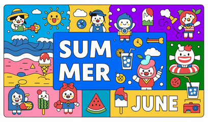 Naklejka premium Colorful Summer Cartoon Illustration with Cute Characters and Seasonal Elements