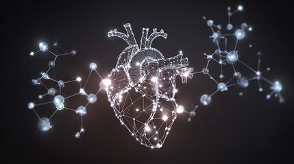 A glowing digital illustration of a human heart surrounded by molecular structures on a dark background