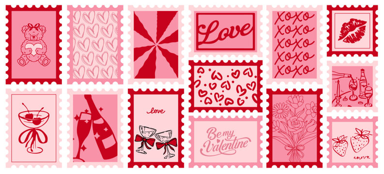 Romantic Hand Drawn Doodle Love Stamp Collection, Valentine Icons with Wine, Sweet Desserts, Celebration Elements for Wedding Invitation, Packaging, Social Media & Printable Design