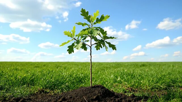 Young oak tree growing in a green field under a blue sky.