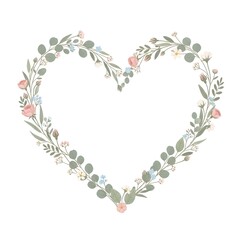 Heart shaped floral wreath with pink and blue flowers and green leaves