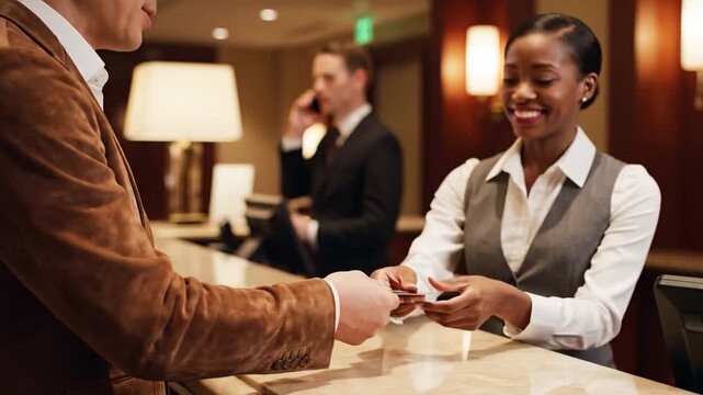 Hotel Check-In: A friendly attendant provides stellar customer service by assisting the guest with a smile at the front desk.