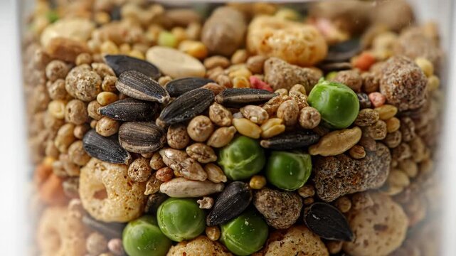 A vibrant mix of seeds, pellets, and green peas fills a clear container. This diverse blend offers essential nutrition for small pets or birds.