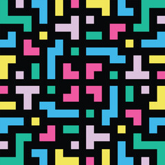 Bright abstract geometric pattern with colorful block shapes on a dark background, creating a bold and playful seamless design.