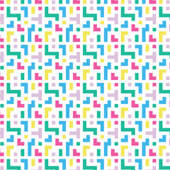 Colorful abstract geometric pattern with repeating block shapes in bright pastel tones, creating a playful and modern seamless background.