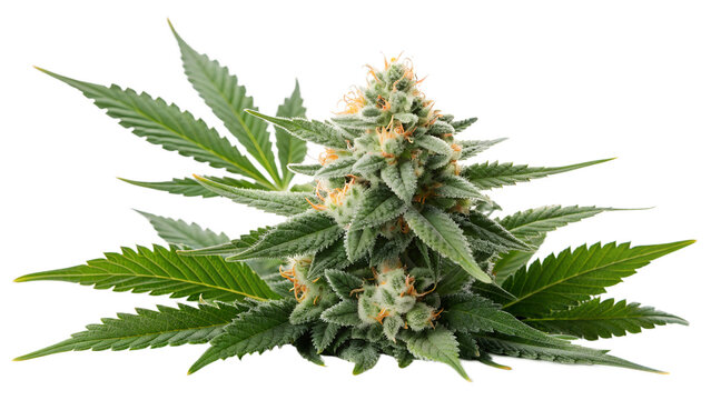Fresh Green Medical Cannabis Buds with Leafy Foliage Isolated on White Background