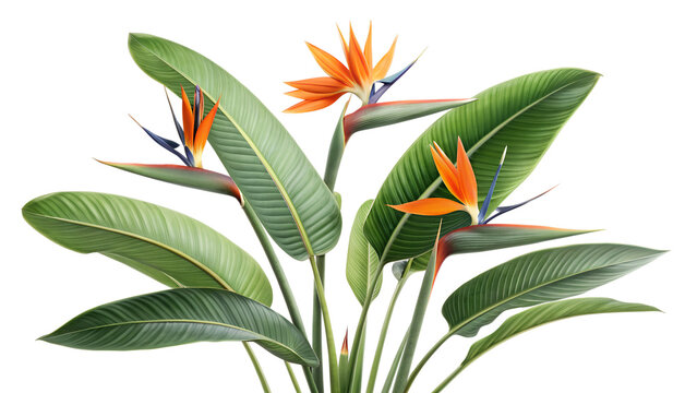Vibrant Bird of Paradise Flowers with Lush Green Tropical Leaves Isolated on White