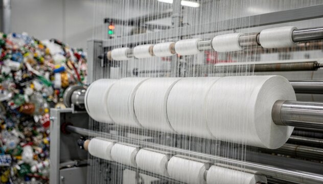 Detailed medium shot of polyester fiber yarn spinning process highlighting smooth continuous lines converting plasticbased textile waste into durable new yarns for fashion use.