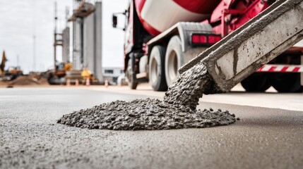 Concrete pouring from a truck on a construction site for building
