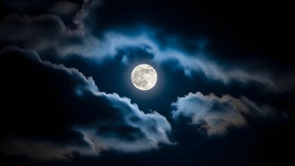 A serene nighttime scene featuring a bright full moon shining through a gap in the clouds in a dark sky with scattered white clouds