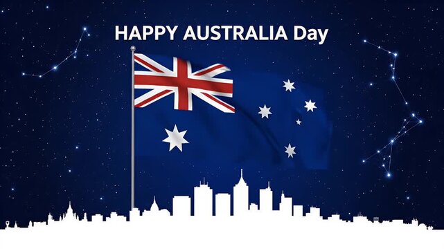 Celebrating Australia Day with flag, skyline, and stars.