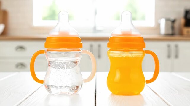Two baby bottles with orange tops sit on a white kitchen table. One contains water, the other holds vibrant yellow juice.