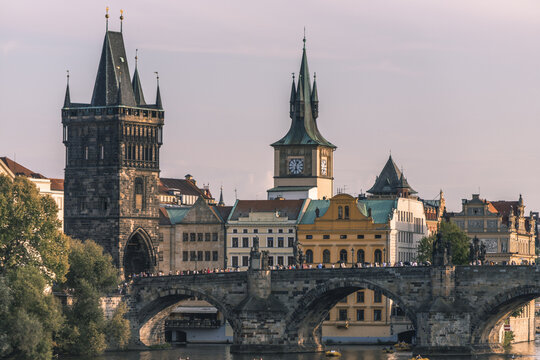 View of the majestic Charles Bridge, a stone gothic arch, stretches across the Vltava River, connecting the Old Town with the Lesser Town, Prague, Prague, Czechia.