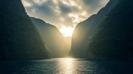 Serene canyon landscape with sun shining through gap in mountains at sunrise or sunset over calm water