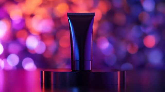 Dark cosmetic tube on metallic pedestal with colorful bokeh lights background. Vibrant aesthetic