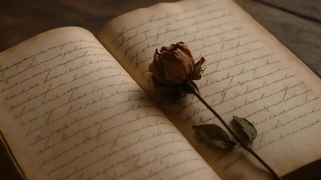 An old open book displays elegant handwritten script. A delicate dried rose rests gently on its aged pages.