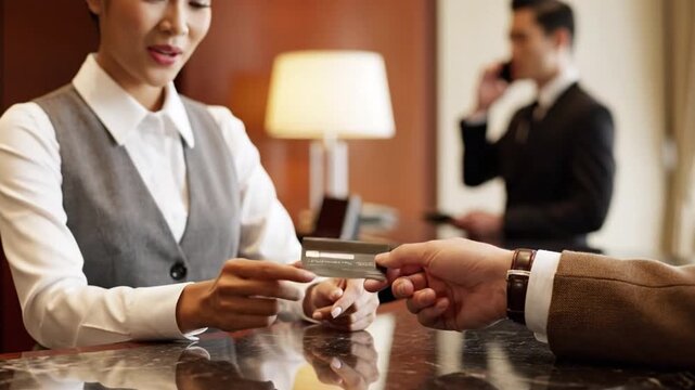 Hotel Reception Transaction: A focused hotel receptionist processes a credit card payment at the front desk, highlighting modern convenience and seamless service.