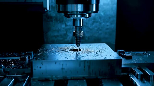 CNC milling machine spindle with rotating drill bit cutting precise metal workpiece sparks flying in intense blue-lit industrial machining workshop