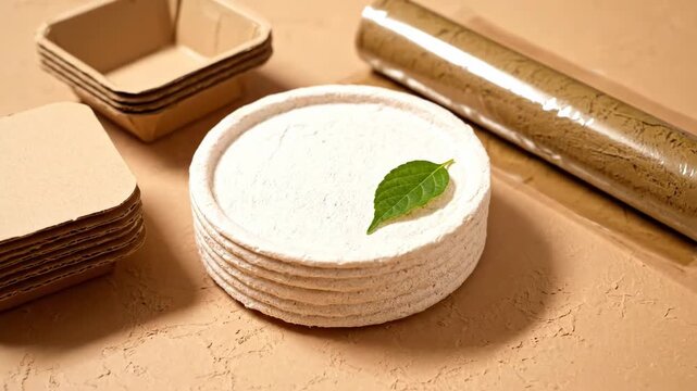 Eco-friendly disposable tableware and packaging solutions are displayed on a textured surface. These sustainable products promote a greener lifestyle and reduced waste.