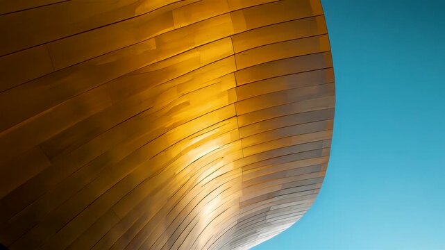 Curved wooden facade with smooth golden grain texture glowing under warm sunlight against vibrant clear blue sky modern architectural exterior detail