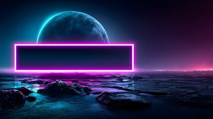 Neonfarbener Science Fiction Horizont mit Planet und leuchtendem Rahmen 