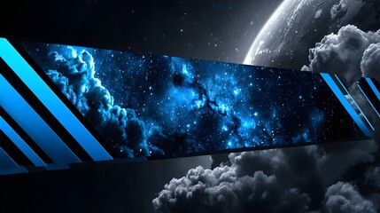 Panoramische Science Fiction Wand mit kosmischen Wolken und blauer Energie 