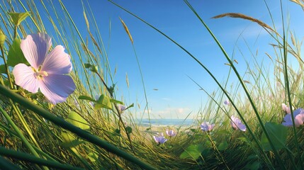 Close up of wildflowers and grasses with clear blue sky in natural light